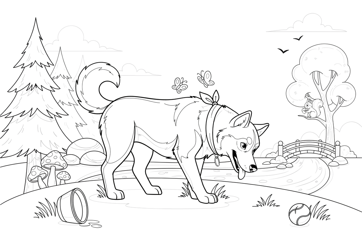 Husky drinking from a forest stream – Husky Dog Playtime coloring page