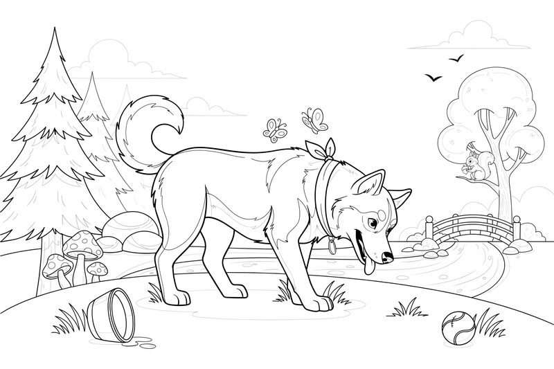 Husky drinking from a forest stream – Husky Dog Playtime coloring page