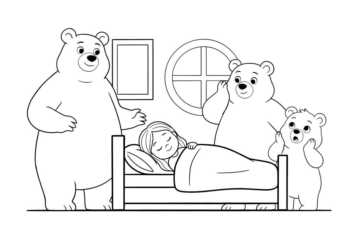 The three bears finding Goldilocks asleep in the little bed – Goldilocks and the Three Bears Story coloring page