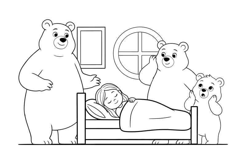 The three bears finding Goldilocks asleep in the little bed – Goldilocks and the Three Bears Story coloring page