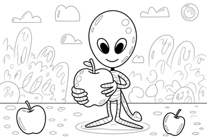 Martian holding apple – Martian Apple Fun coloring page
