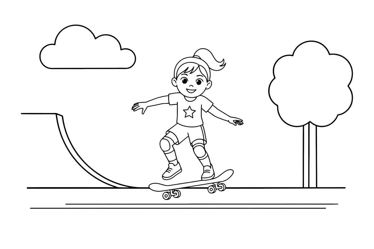 A skater girl doing a kickflip – Cool Skateboarding coloring page