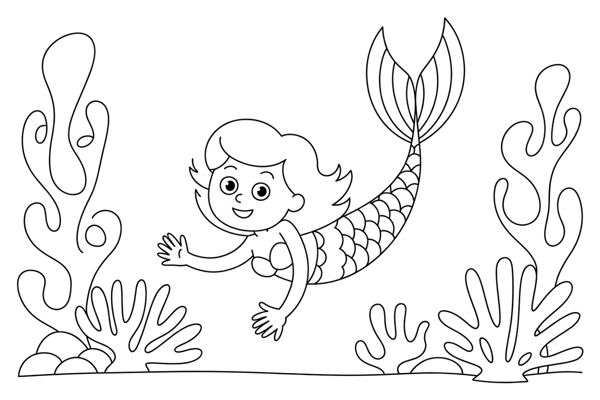 Mermaid swimming through a colorful coral reef – Mermaid Magical Moments coloring page