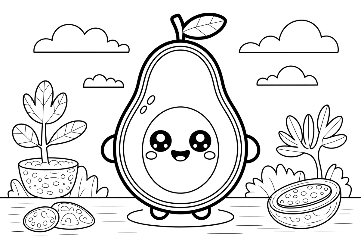 Kawaii Cute a cute avocado with little eyes and a smile – Kawaii Cute Food coloring page
