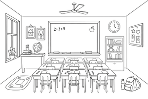 A classroom with a blackboard and desks – School coloring page