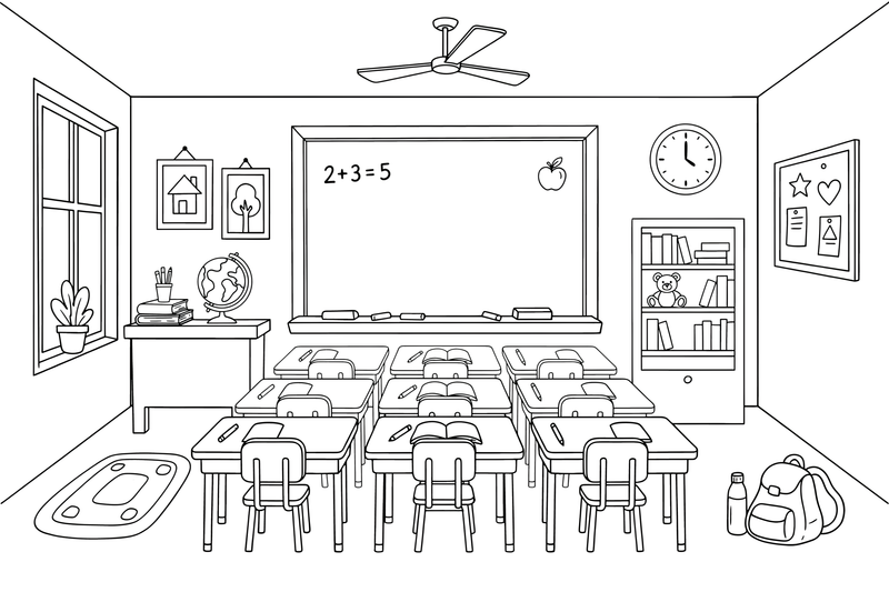 A classroom with a blackboard and desks – School coloring page