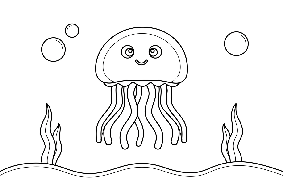 A jellyfish with a round dome and wavy tentacles in the sea – Glowing Jellyfish coloring page