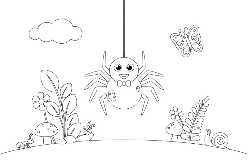 A spider hanging from a single thread – Spiders coloring page