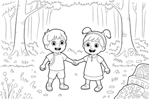Two children, a brother and a sister, holding hands in the forest – Hansel and Gretel Story coloring page