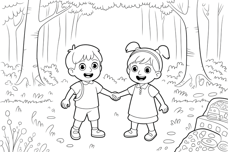 Two children, a brother and a sister, holding hands in the forest – Hansel and Gretel Story coloring page