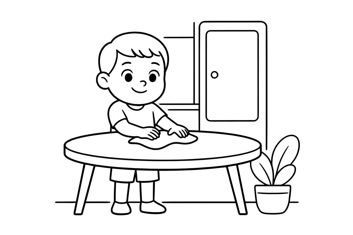 A child wiping the table with a cloth – Chores & Helping coloring page