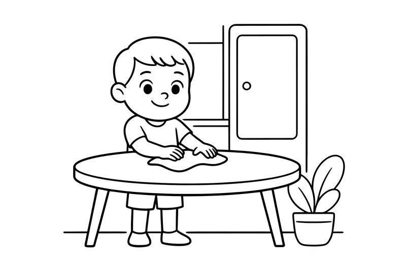 A child wiping the table with a cloth – Chores & Helping coloring page