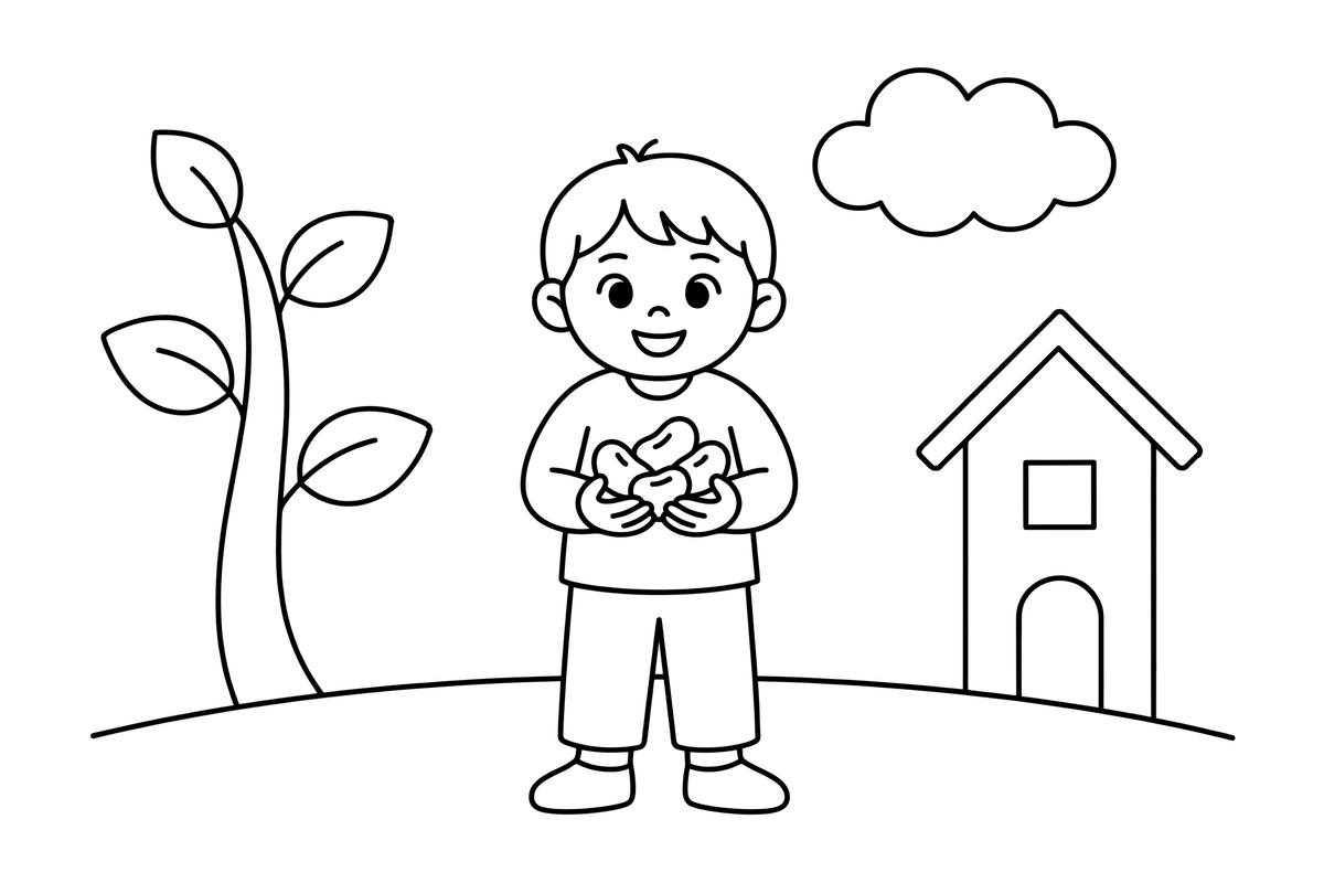 A happy boy holding a handful of magic beans – Jack and the Beanstalk Story coloring page