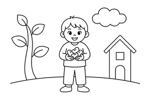 A happy boy holding a handful of magic beans – Jack and the Beanstalk Story coloring page