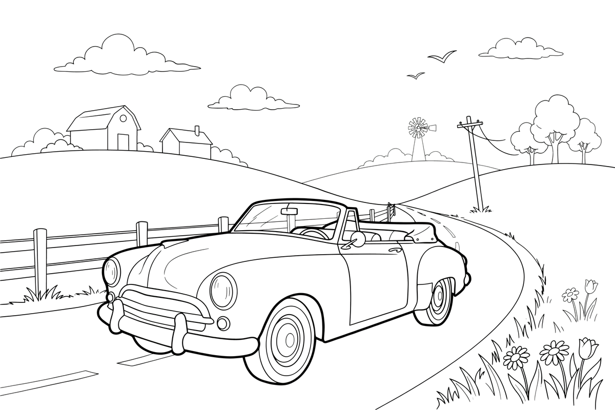 A vintage car with a folded roof driving down a country lane – Different cars coloring page