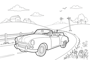 A vintage car with a folded roof driving down a country lane – Different cars coloring page