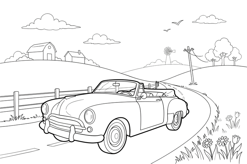 A vintage car with a folded roof driving down a country lane – Different cars coloring page