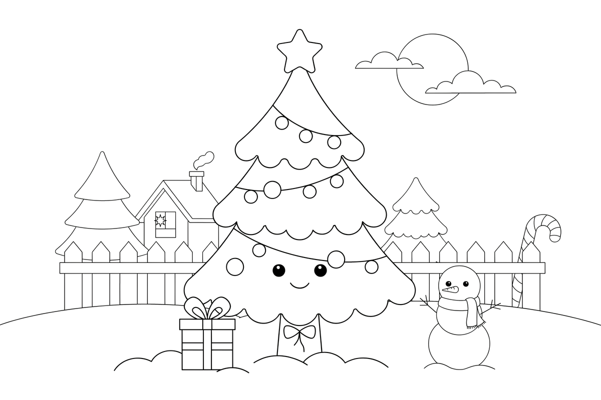 A Christmas tree with a string of lights – Christmas tree coloring page