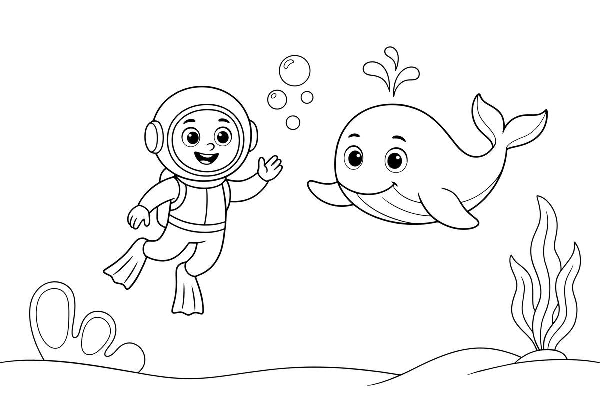 A diver and a whale swimming together – Deep Sea Diver Submarine coloring page