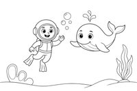 A diver and a whale swimming together – Deep Sea Diver Submarine coloring page