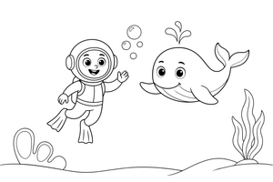 A diver and a whale swimming together – Deep Sea Diver Submarine coloring page