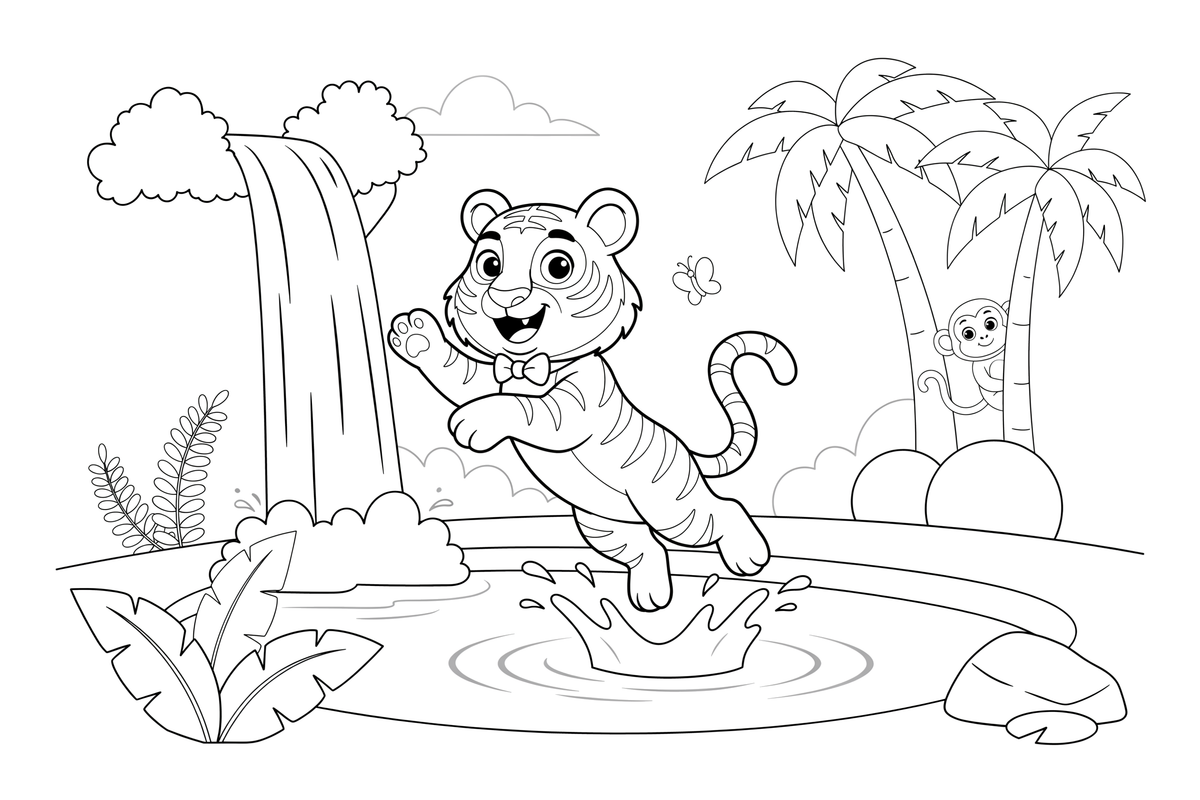 A tiger by a jungle waterfall – Playful Tiger Wild coloring page