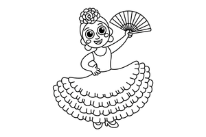 A flamenco dancer with a ruffled dress and fan – Dancing Dancing coloring page