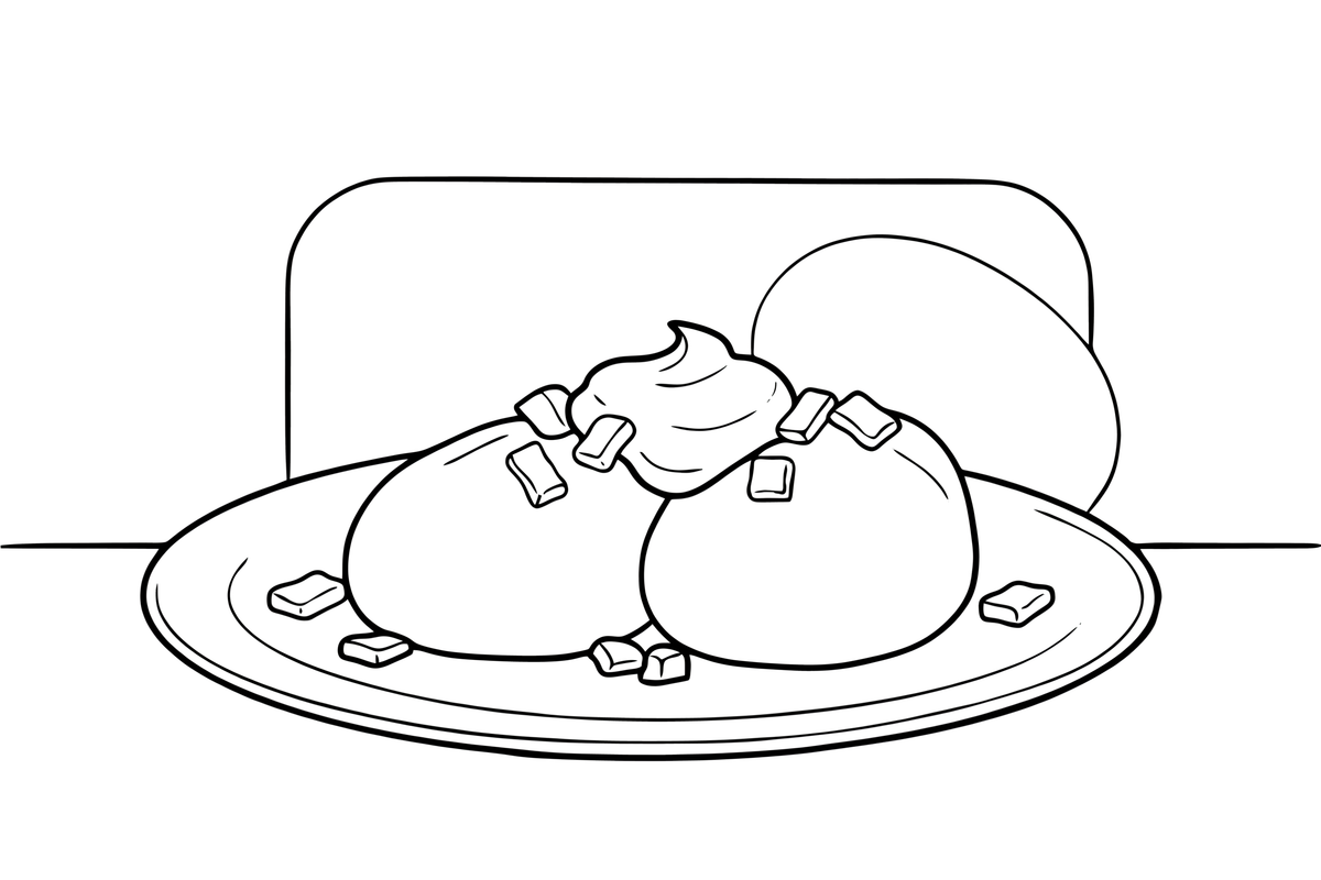 Two large oval potato dumplings on a plate with a dollop of sour cream on top and little bacon bits – Traditional Lithuanian Food coloring page