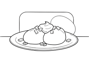 Two large oval potato dumplings on a plate with a dollop of sour cream on top and little bacon bits – Traditional Lithuanian Food coloring page