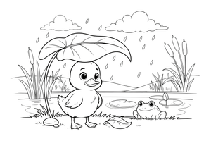 The little sad duckling sheltering under a big leaf in the rain – The Ugly Duckling Story coloring page