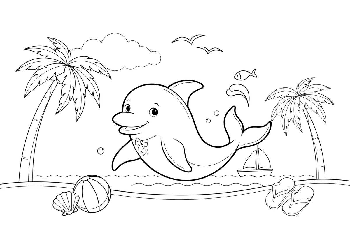 A dolphin jumping out of the ocean waves – Playful Dolphin Creature coloring page