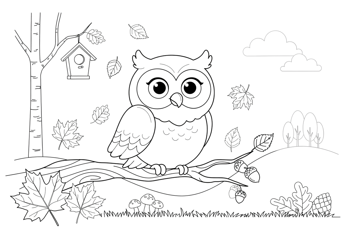An owl on a branch among autumn leaves – Owl coloring page