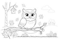 An owl on a branch among autumn leaves – Owl coloring page