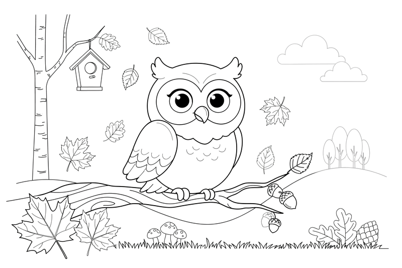 An owl on a branch among autumn leaves – Owl coloring page