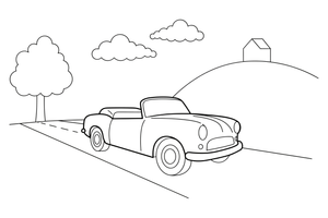 A vintage car with a folded roof driving down a country lane – Different cars coloring page