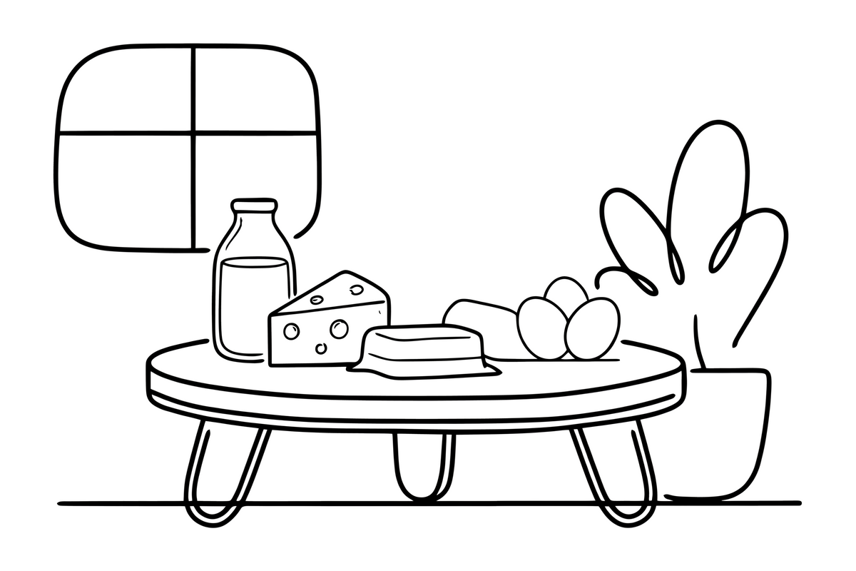 A dairy table with milk, cheese, butter and eggs – Creamy Dairy Delights coloring page