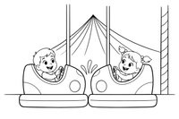 Two bumper cars bumping into each other with children – Thrilling Amusement Park coloring page