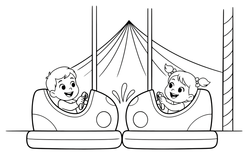 Two bumper cars bumping into each other with children – Thrilling Amusement Park coloring page