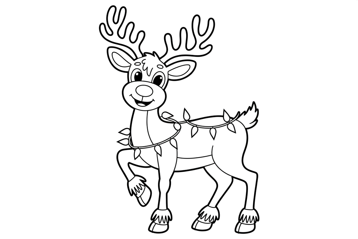 Reindeer with a red nose twinkling lights – Christmas Winter Reindeer coloring page