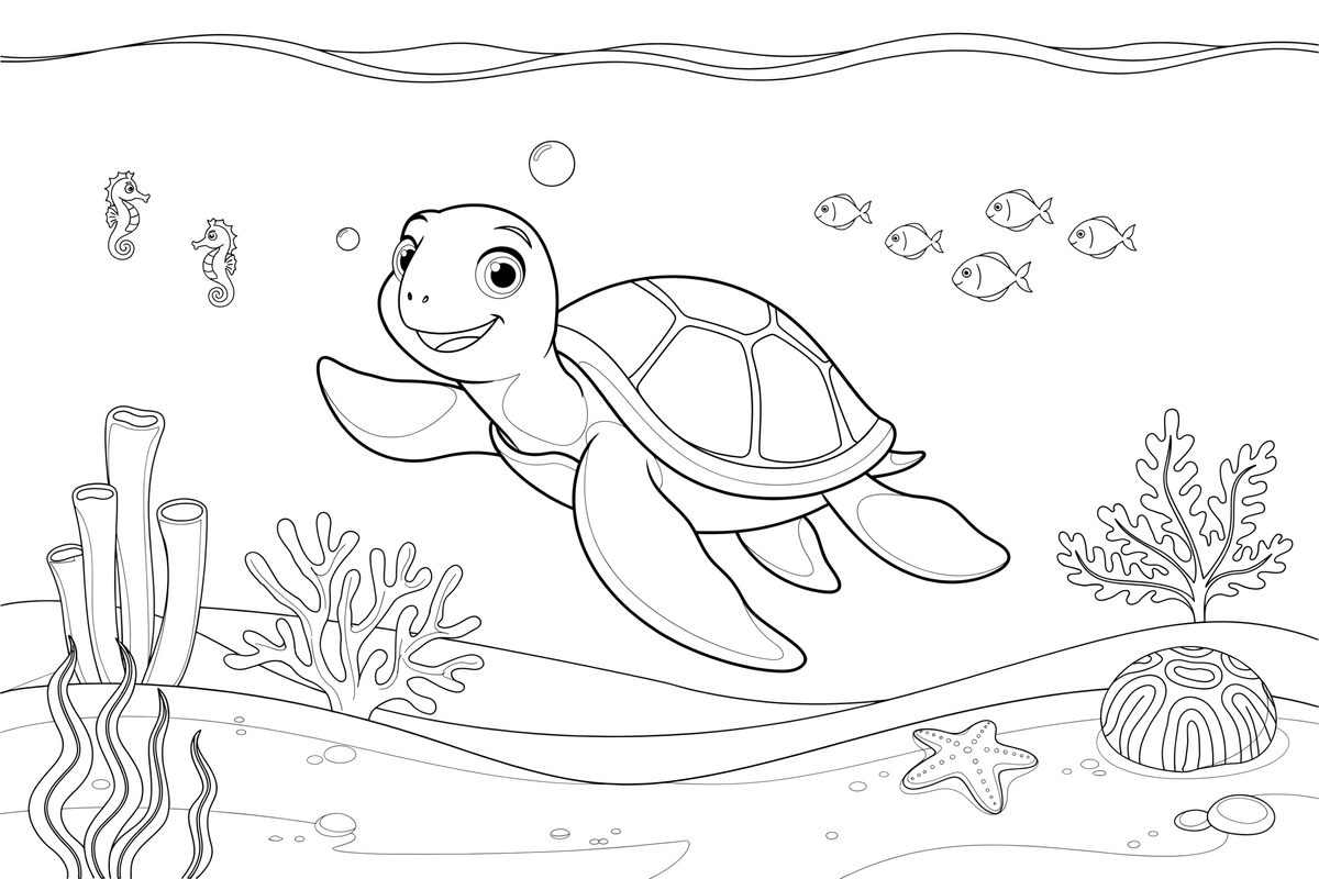 A sea turtle swimming past a coral reef – Gentle Sea Turtle coloring page