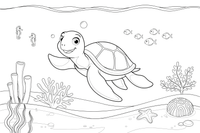A sea turtle swimming past a coral reef – Gentle Sea Turtle coloring page
