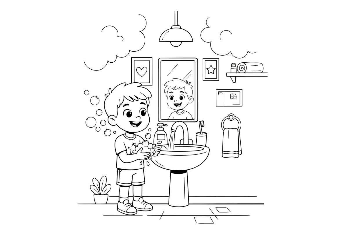 A happy child washing their hands with soap and bubbles at the sink – Healthy Habits coloring page