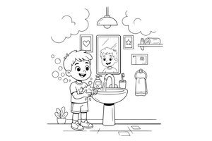 A happy child washing their hands with soap and bubbles at the sink – Healthy Habits coloring page