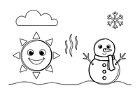 A bright sun with wavy heat lines on one side and a shivering snowman on the other – Opposite Concepts coloring page