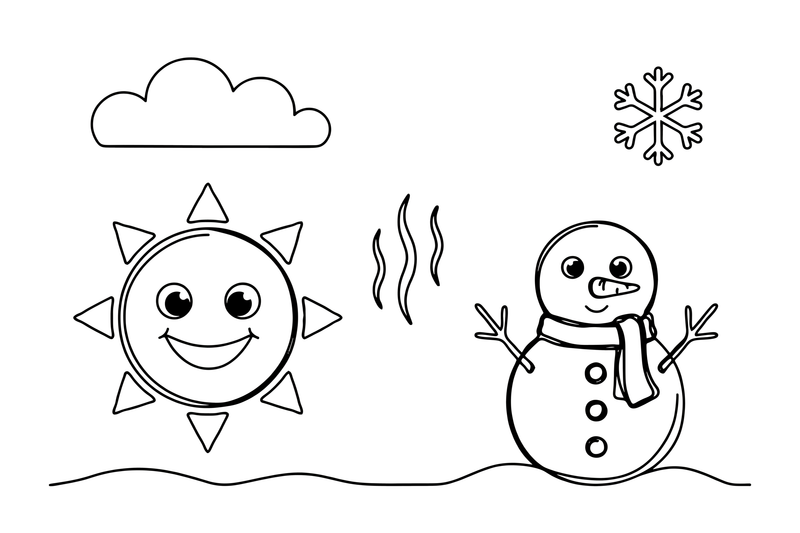 A bright sun with wavy heat lines on one side and a shivering snowman on the other – Opposite Concepts coloring page