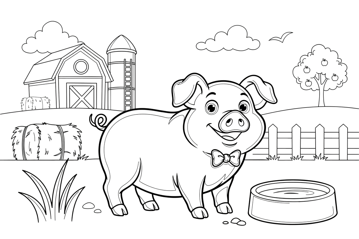 A pig standing in the farmyard – Pig coloring page