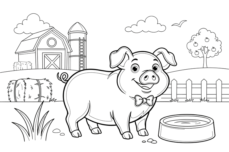 A pig standing in the farmyard – Pig coloring page