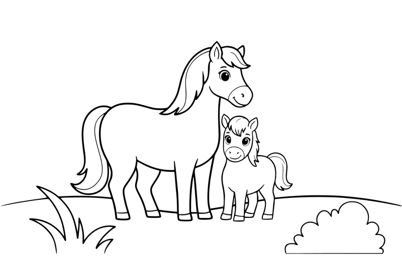 A mother pony with a little foal – Ponies coloring page