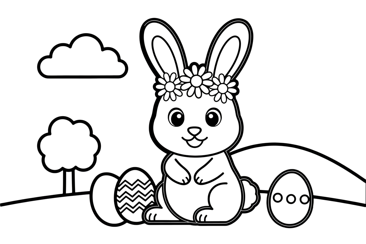 A bunny wearing a flower crown – Easter Bunny and Eggs coloring page