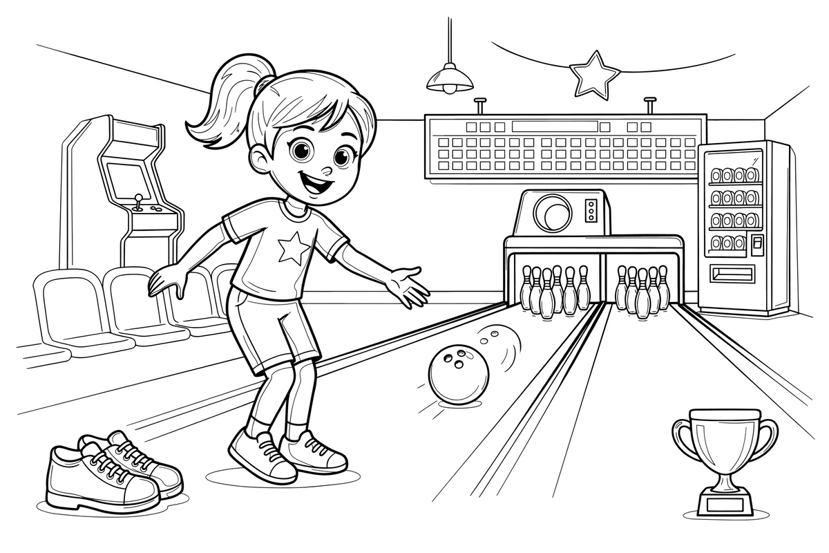 A woman rolling a bowling ball down the lane toward the pins – Fun & Leisure Place coloring page